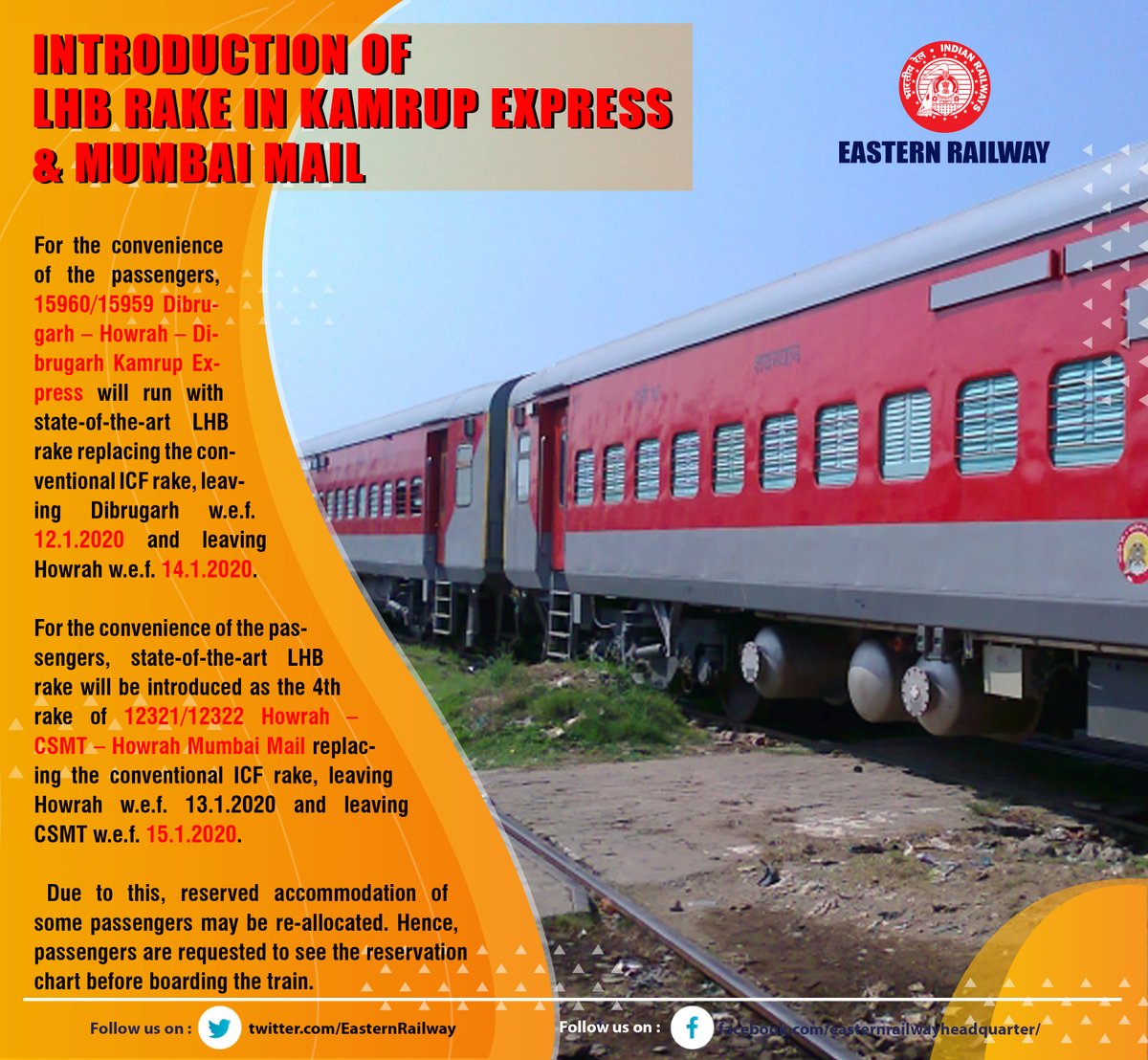 EasternRailway's tweet photo. INTRODUCTION OF LHB RAKE IN KAMRUP EXPRESS &amp; MUMBAI MAIL https://t.co/OE4YvJuWoz