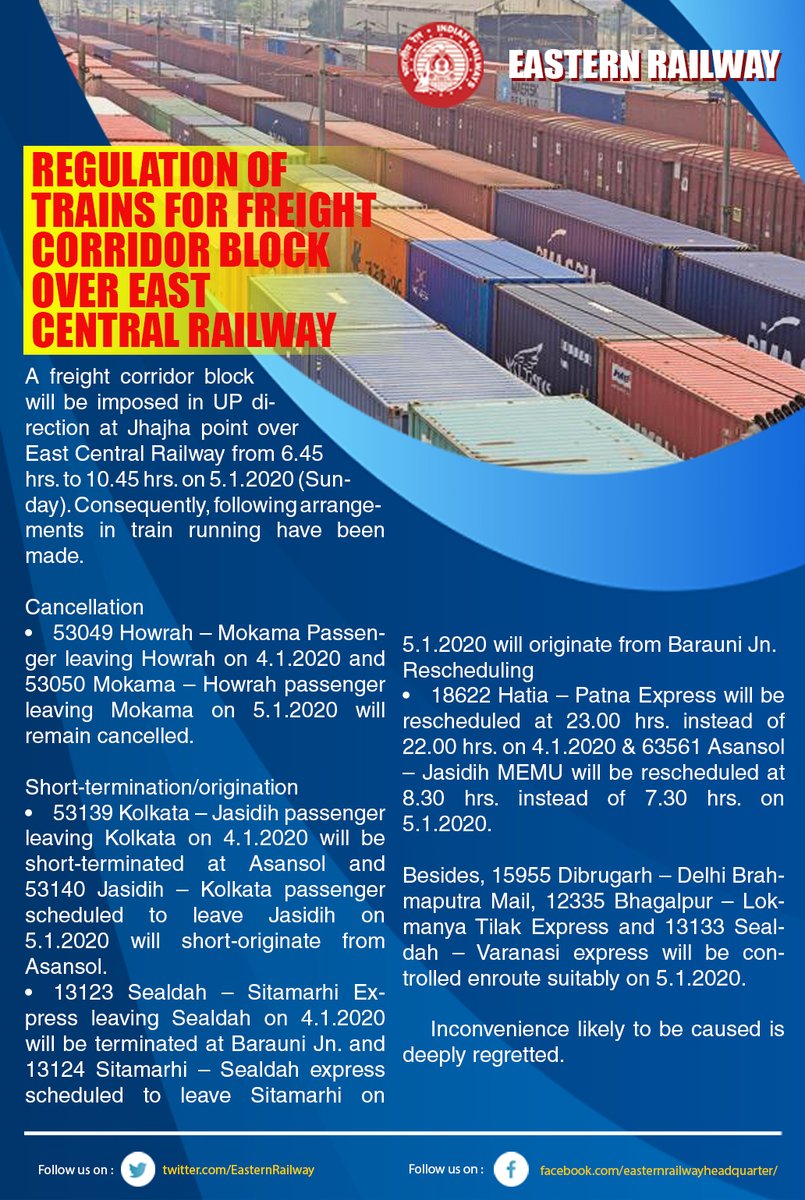 EasternRailway's tweet photo. REGULATION OF TRAINS FOR FREIGHT CORRIDOR BLOCK 
OVER EAST CENTRAL RAILWAY https://t.co/CB2sNlYaGJ