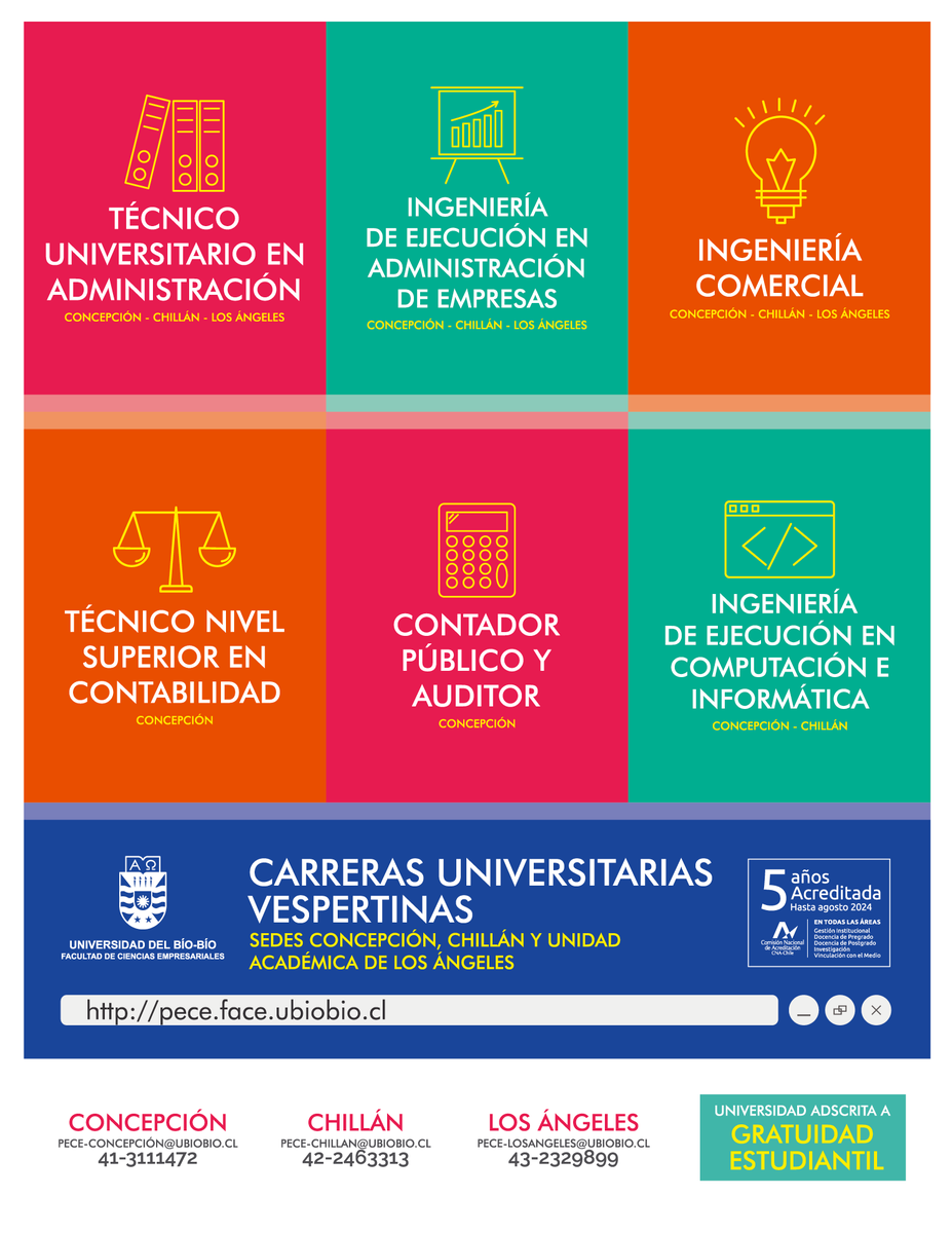 Programas Especiales de Continuidad de Estudios Admisión 2020
.
Conoce las nuevas carreras vespertinas que la FACE tiene para ti.
.
Más información en: pece.face.ubiobio.cl