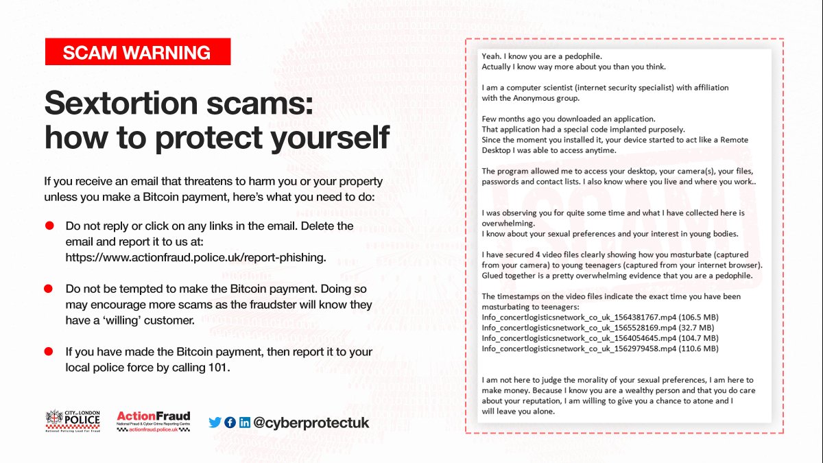 ⚠️We've received multiple reports about sextortion emails that use foreign languages to circumvent spam filters. If you receive one, do not respond. 

For information on how to protect yourself from sextortion scams, visit: actionfraud.police.uk/alert/alert-cy…