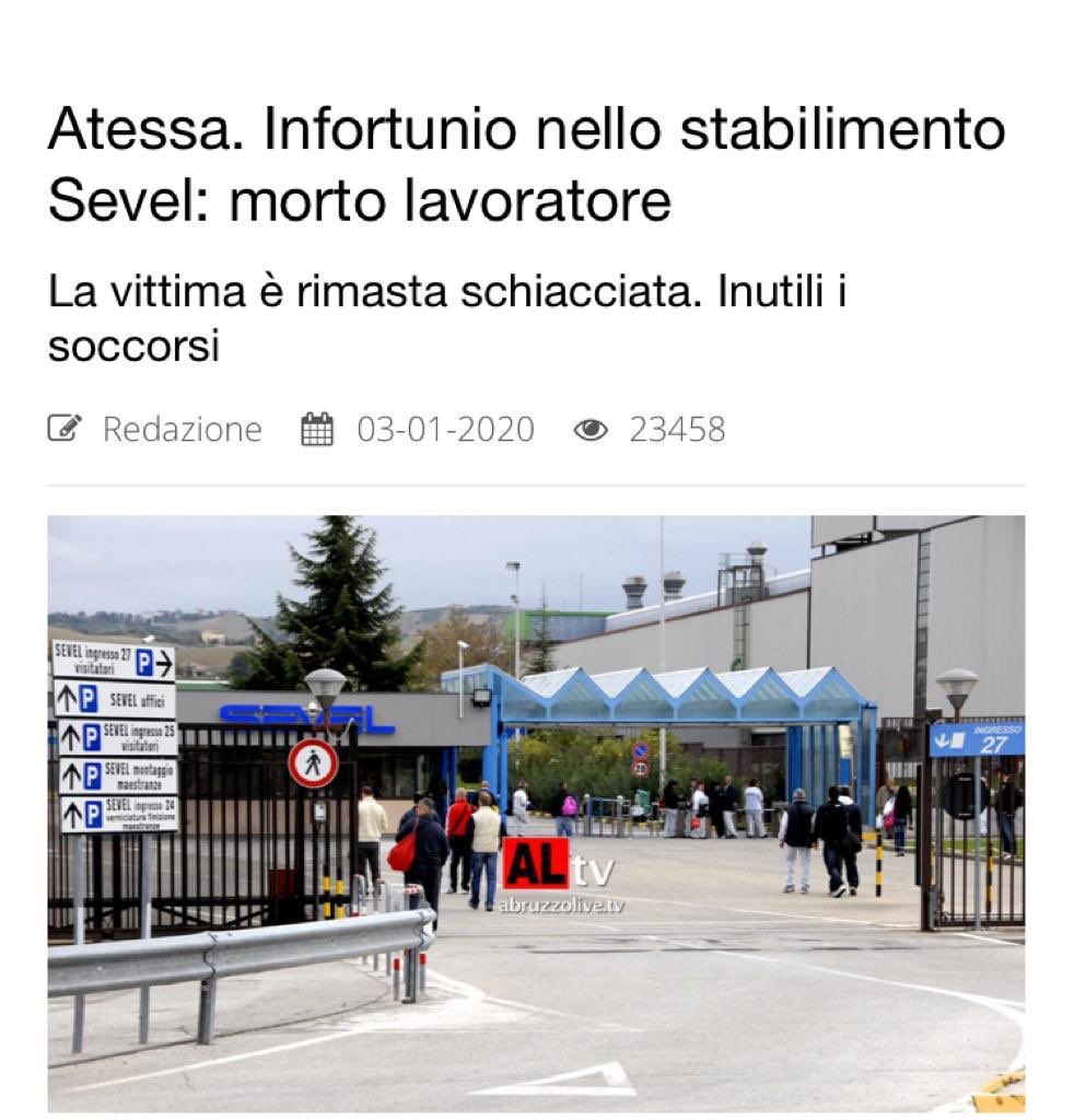 Aveva solo 29 anni il giovane morto sul lavoro ad #Atessa in Abruzzo. Tutta la nostra vicinanza alla sua famiglia. Orribile iniziare l’anno con nuove vittime sul #lavoro. Una strage continua che dobbiamo tutti fermare. La sicurezza deve diventare la nostra priorità anche nel 2020