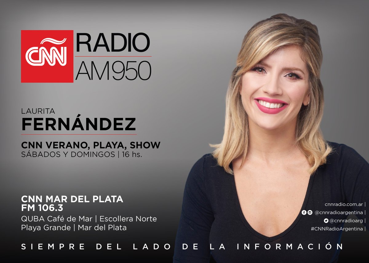 radioam950's tweet photo. ESTE FIN DE SEMANA | Laurita Fernández llega a #CNNRadioArgentina con CNN Verano, Playa, Show #CNNvps.

Escuchá a @laufer4 los sábados y domingos a las 16 hs. desde Quba Café de Mar, Escollera Norte, Playa Grande, Mar del Plata.

https://t.co/hw18yDtE9n
https://t.co/MrlUM4SbCh https://t.co/s775Nsln7v