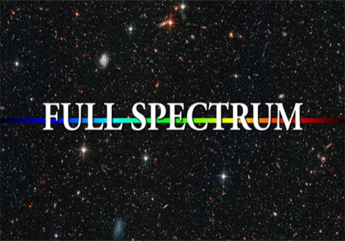 A star- and galaxy-filled background with the words Full Spectrum over a rainbow light spectrum