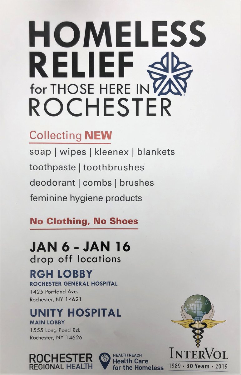 InterVol's tweet photo. Starting next week, we are collecting items for the homeless in Rochester in collaboration with @ROCRegional Health Reach Health Care for the Homeless.

Please take a moment to check out the items we are collecting and the designated drop off locations! https://t.co/Y6qzMOWxJg