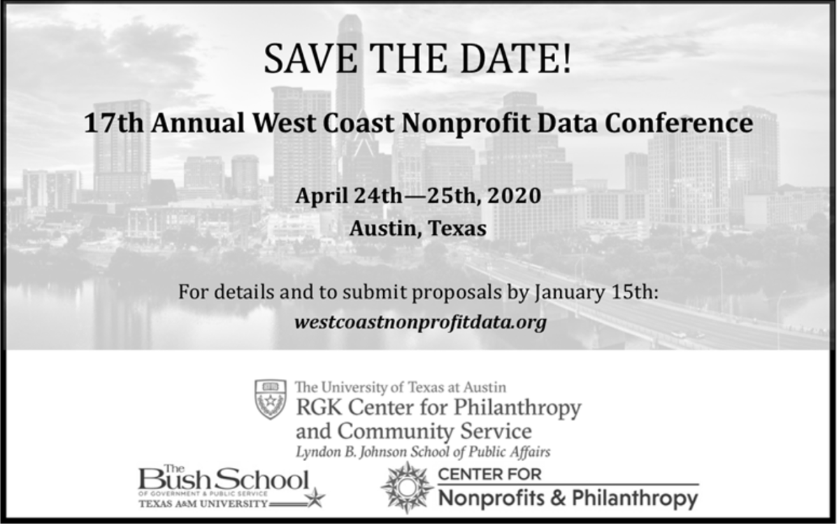 17th Annual West Coast #Nonprofit Data Conference - April 24 &amp; 25 at <a href="/TheLBJSchool/">The LBJ School</a>. Excellent opportunity for faculty, researchers, and students to share research (both complete and **IN PROGRESS**) and learn about methods being used in the field: westcoastnonprofitdata.org/2020-conferenc… <a href="/ARNOVA/">ARNOVA</a>