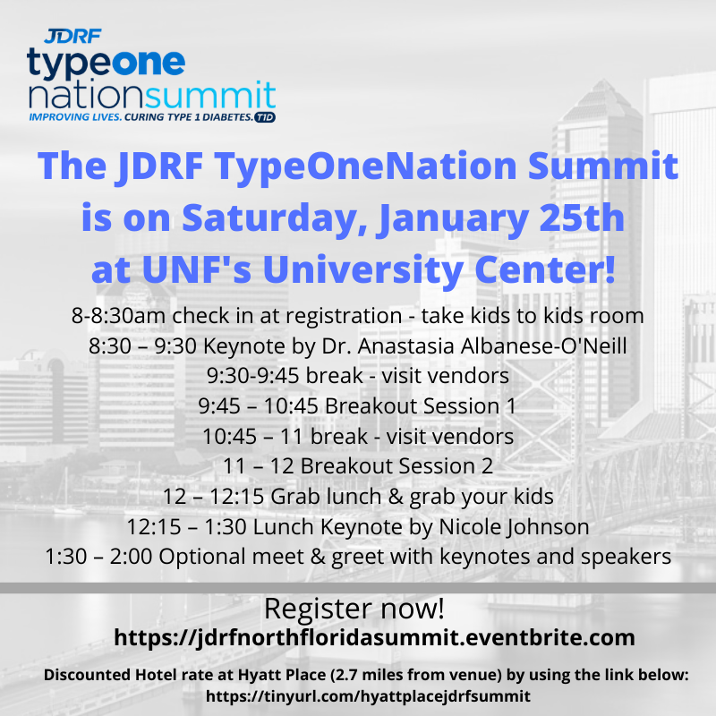 JDRFNorthFL's tweet photo. Have you registered for the TypeOneNation Summit on January 25th?! This is an event you do NOT want to miss! #JDRFNorthFlorida #TypeOneNationSummit https://t.co/cMYwnmyACT