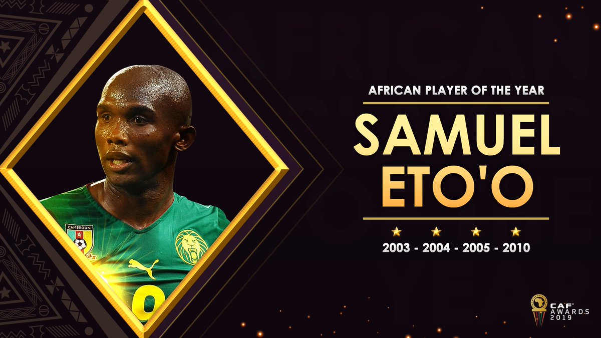 CAF_Online's tweet photo. 3⃣ in a row &amp; 4⃣ in total 🤯

One of Africa's most ruthless goalscorers! ⚽

🏆 Which trophies did @setoo9 win in 2000 with @FecafootOfficie? 🇨🇲🏆

#CAFAwards2019 https://t.co/Ab1K7Hie8V