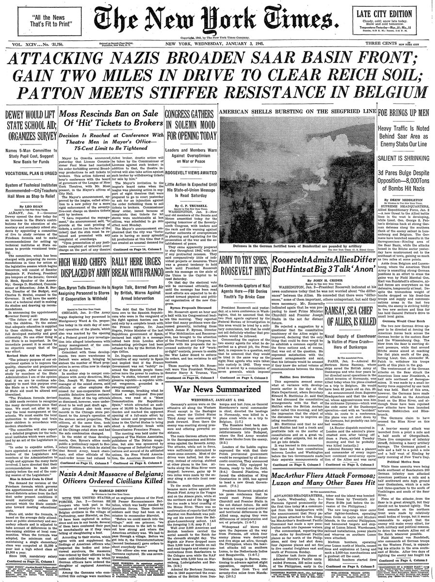 Jan. 3rd, 1945: Attacking Nazis Broaden Saar Basin Front; Gain Two Miles in Drive to Clear Reich Soil; Patton Meets Stiffer Resistance in Belgium  https://nyti.ms/2SDa0Cb 