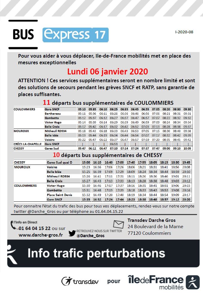 Brie2Morin_IDFM's tweet photo. ⚠️SERVICES SUPPLÉMENTAIRES ⚠️
#infotrafic #Express17 
 ‼️ Lundi 06 janvier 2020 : Mesures exceptionnelles : 🚌➕
-  11 départs supplémentaires de Coulommiers
-  10 départs supplémentaires de Chessy. 
@IDFmobilites https://t.co/kgOomqsMTk