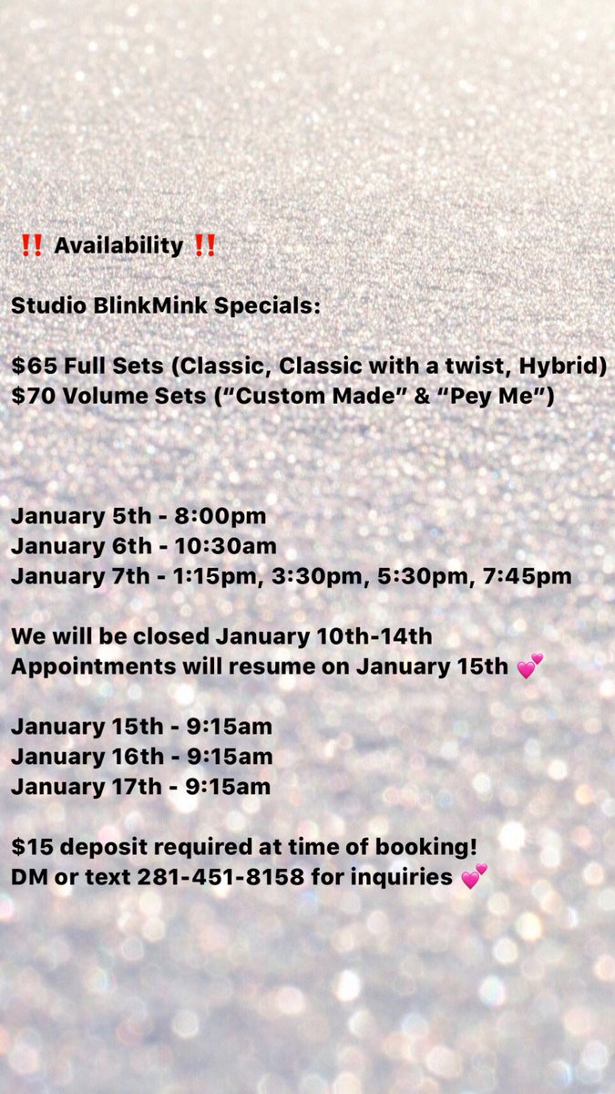 StudioBlinkMink's tweet photo. Studio BlinkMink will be doing $65 Full Sets and $70 Volume Sets the entire month of Januaryπ DM or text 281-451-8158 for booking!
#TheStudio #SHSU #SHSULashTech #SHSU20 #StudioBaddie #HotGirl #HoustonLashTech #LashArtist #EyelashExtensions #SHSU21
#HuntsvilleLashTech #SHSU22 https://t.co/6z2gHopn4g