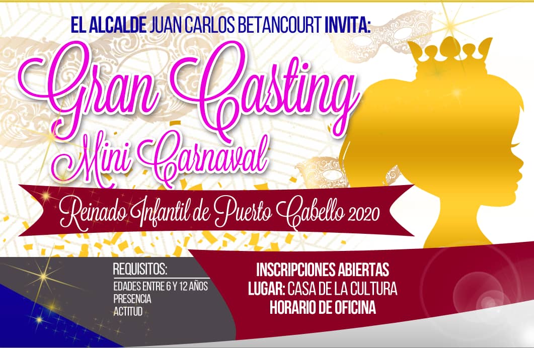 MaDanielaDiaz31's tweet photo. #3Ene Iniciamos la búsqueda de la nueva Mini Reina de los Carnavales de Puerto Cabello 2020.
#GranCasting Inscripciones abiertas en las instalaciones de la Casa de la Cultura en horario de oficina.
@JCbetancourt72 https://t.co/cIhfyWGTwb
