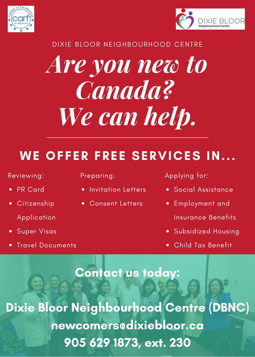 MyDBNC's tweet photo. Are you new to Canada? We can help. We offer free services in so many areas. Check out the flyer for more info and contact us today! #DixieBloorCentre #DBNC #DBNCNewcomers #CitizenshipApplication #SuperVisas #SocialAssistance #NonProfitMississauga https://t.co/RdCsHpFodm