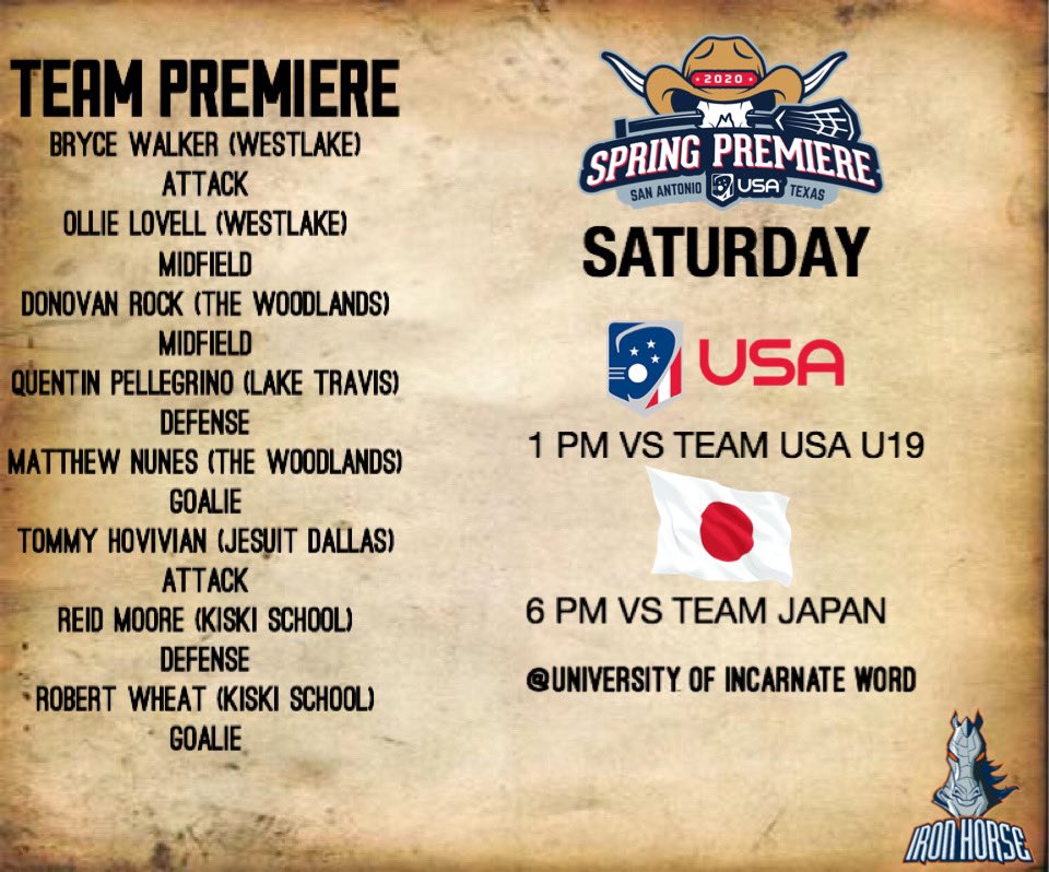 IronHorseLax's tweet photo. Good Luck to our Iron Horse guys that will be competing vs the U19 Team USA squad and Team Japan tomorrow in San Antonio for Team Premiere. The team is made up of players across North America. The games will be played at the University of Incarnate Word. #GiddyUp🐎 https://t.co/a6OqTsVPvA