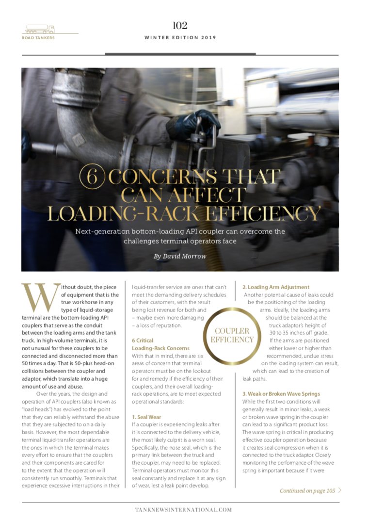 OPW_ES's tweet image. What #loadingrack concerns can API couplers address? Read this article from David Morrow, OPW Engineered Systems Director of Product Management, in @TankNewsInt. #EngineeringWhatsNext