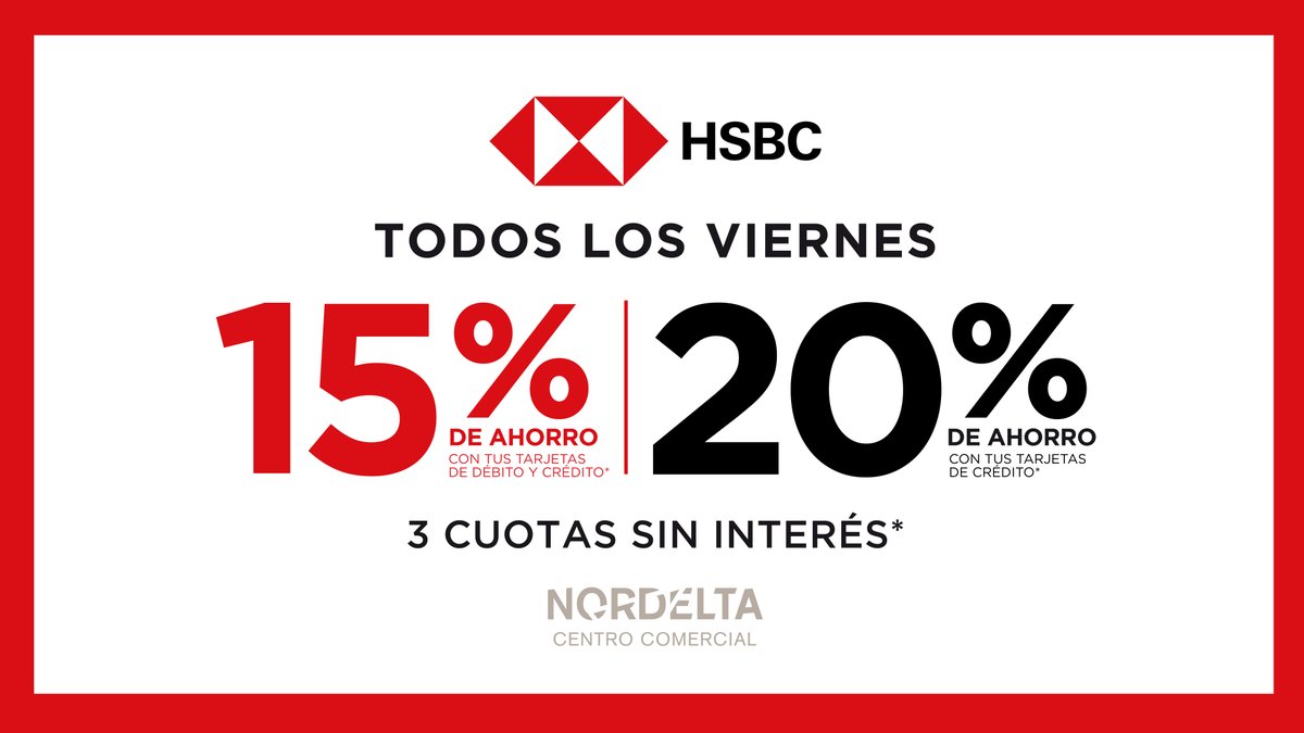 Viernes de <a href="/HSBC_AR/">HSBC Argentina</a> ❤️ hoy hasta 20% de ahorro en #NordeltaCC

Ver locales adheridos en nordeltacc.com.ar/legal