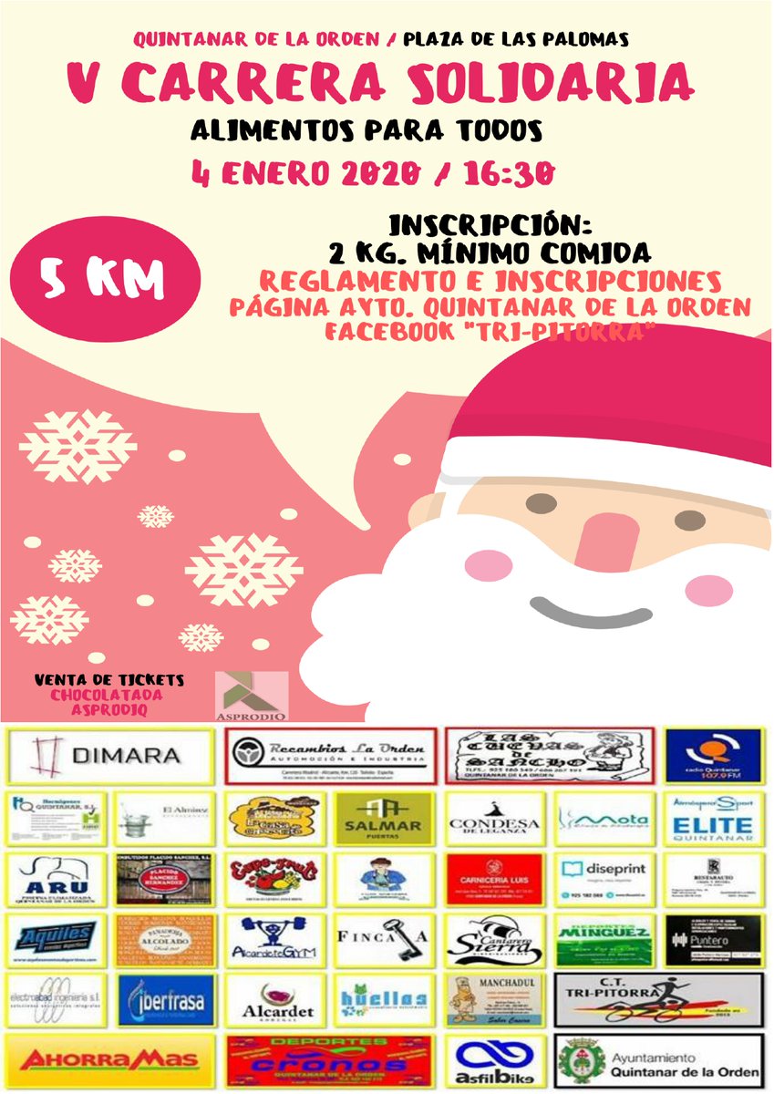 aytoquintanar's tweet photo. Mañana, 4 de enero, no te quedes en casa y sal a disfrutar de las actividades preparadas en #QuintanardelaOrden. A las 16.30 #CarreraSolidaria "Alimentos para todos"  y a las 17.00 #RoscónSolidario a beneficio de #Asprodiq en la Calle Grande. Sal, participa y colabora. https://t.co/LJjpwpw43v