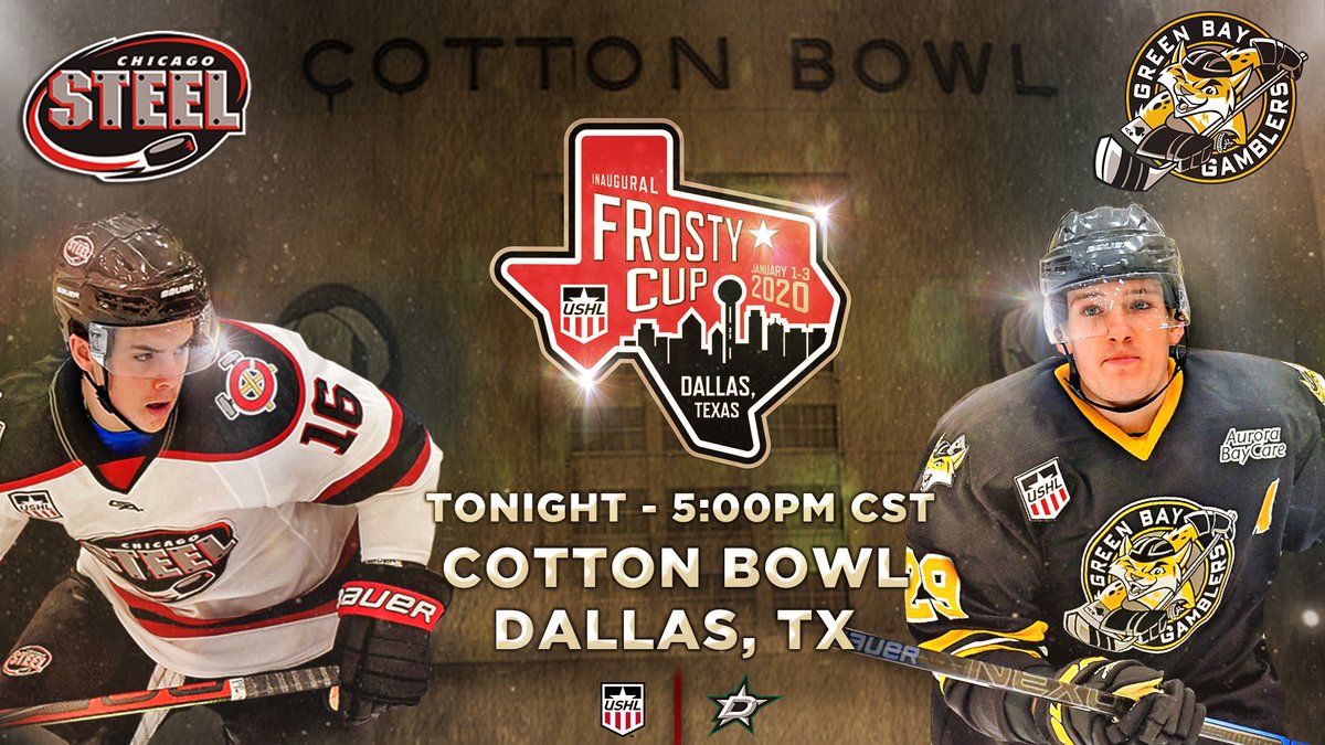 USHL's tweet photo. The big day has arrived! Tonight the @ChicagoSteel take on @GamblersHockey on the @NHL Winter Classic rink at the historic Cotton Bowl!  

🕒 5:00PM CST
📍Cotton Bowl (Dallas, TX)
💻 @MyHockeyTV
🎟️ Free and open to the public!

#FrostyCup | #WhosNext https://t.co/efDzQcLEZB