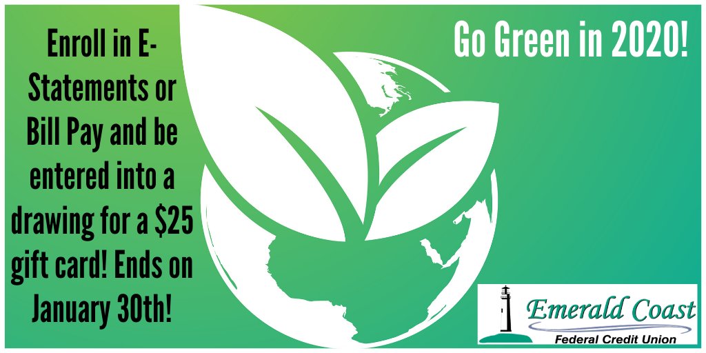 emeraldcoastfcu's tweet photo. Enroll in E-Statements or Bill Pay and be entered into a drawing for a $25 gift card! It ends on January 30th! The winner will be notified on January 31st!
#EStatments #BillPay #GiftCard #Drawing #CreditUnion #EmeraldCoastFCU #EmeraldCoast #GulfCoast #PortStJoe #Florida #FL https://t.co/Vg3Ok99gFI