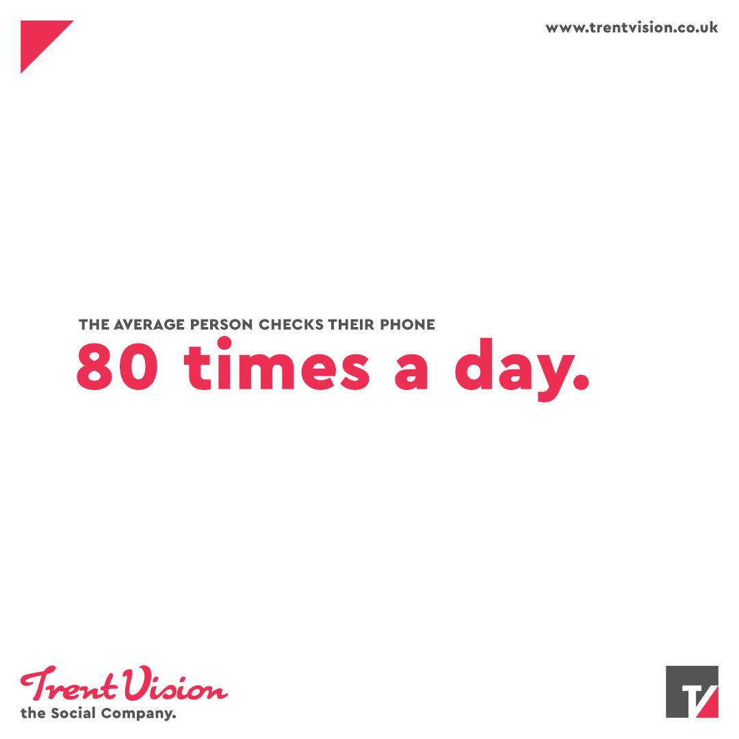 TrentVision's tweet photo. The average person in the UK checks their phone 80 times per day! 📱
That equates to once every 12 minutes over a 24 hour period! ⏰
The key to building a brand that people recognise is consistency in Multi-Channel Marketing. 
#socialmedia #marketing #social #socialmediamarketing https://t.co/s4OcJodpxG