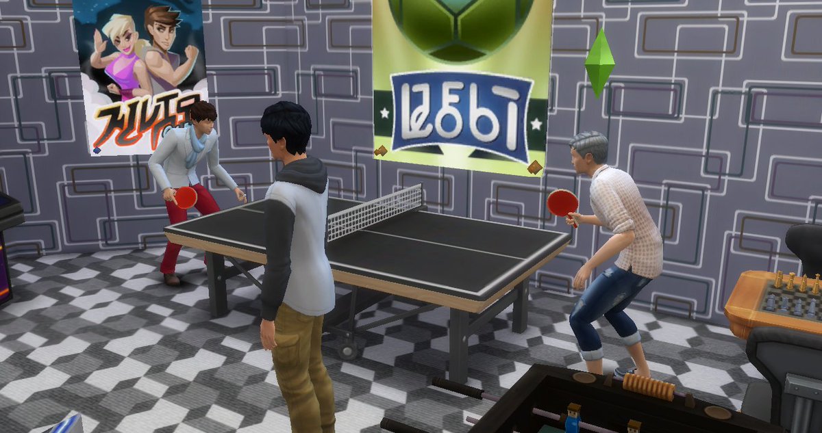 btspolysims's tweet photo. Jimin went on the sauna and forgot to chance back 🙈 he and Taehyung ended up playing a ping pong game while Jungkook umm... watches? 🏓 https://t.co/3hsYGEO0zN