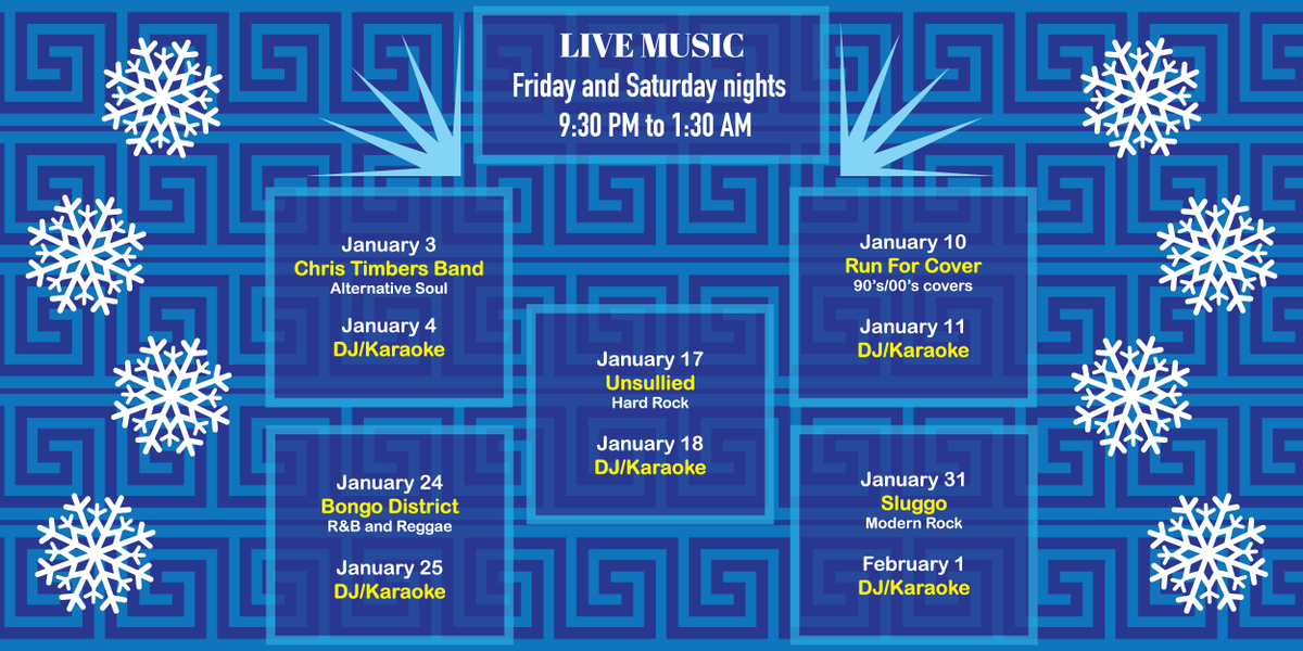 Join us on Fridays this month for an exciting #KalypsosLive lineup.

Jan 3 - The Chris Timbers Band @CTimbersmusic 
Jan 10 - Run For Cover
Jan 17 - <a href="/unsulliedband/">Unsullied</a>
Jan 24 - Bongo District
Jan 31 - Sluggo 

Never a Cover and Free Parking!!!