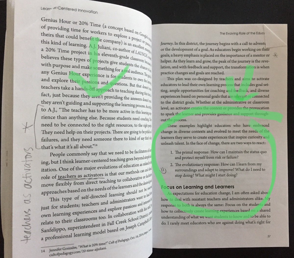JuliaFliss's tweet photo. @timlriley @MarisaEThompson @katiemartinedu @burgessdave @dbc_inc Just counted. 43 eartags and almost every page is written on. What a PoWeRfUL idea this is!! (PS. Yes, I picked the “teachers as activators” + evolutionary response to change pages on purpose. 🙌🏽🌎💥) #LearnerCenteredInnovation https://t.co/9nXGm6zjTa