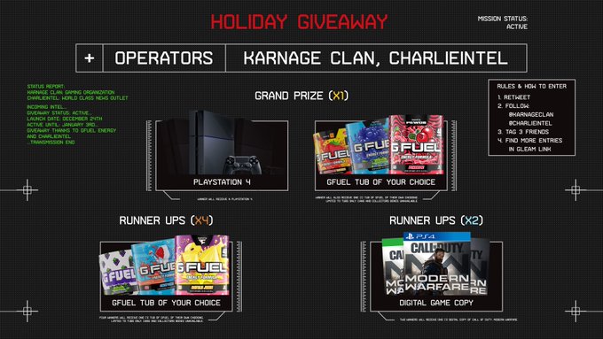 KARNAGEclan's tweet photo. 🚨 12 HOURS LEFT 🚨
(unless #WWIII comes sooner)

Make sure you are entered in the Ultimate Holiday Giveaway from KARNAGE x charlieINTEL🎁

To enter:
• Follow @charlieintel
• Follow @KARNAGEClan
• RT &amp; Like This Tweet
• Tag 1 friend

More entries here: https://t.co/H4in6fe14p https://t.co/25IlqQazIC