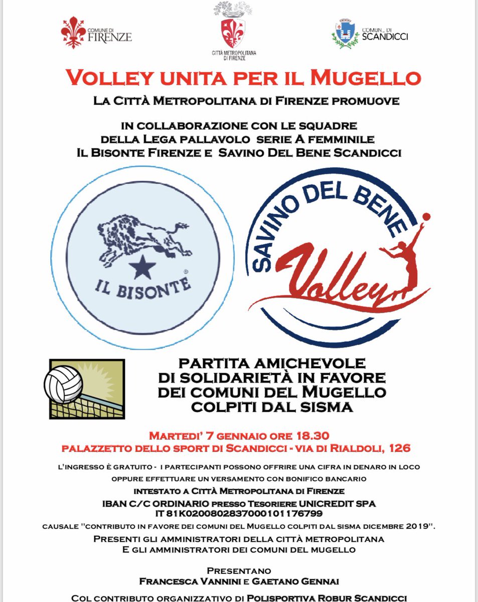 Partecipiamo in tanti alla partita di solidarietà per i comuni mugellani colpiti dal sisma: appuntamento martedì 7 gennaio alle 18.30 al Palazzetto dello Sport di #Scandicci! 🏐