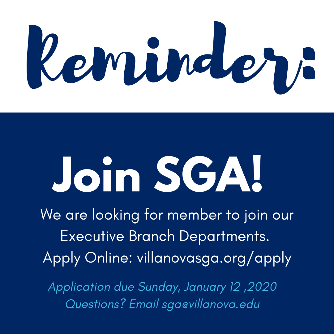 VillanovaSGA's tweet photo. Looking to get more involved on campus? Consider applying for SGA! Our application is open until January 12! https://t.co/UleBNY0ERL