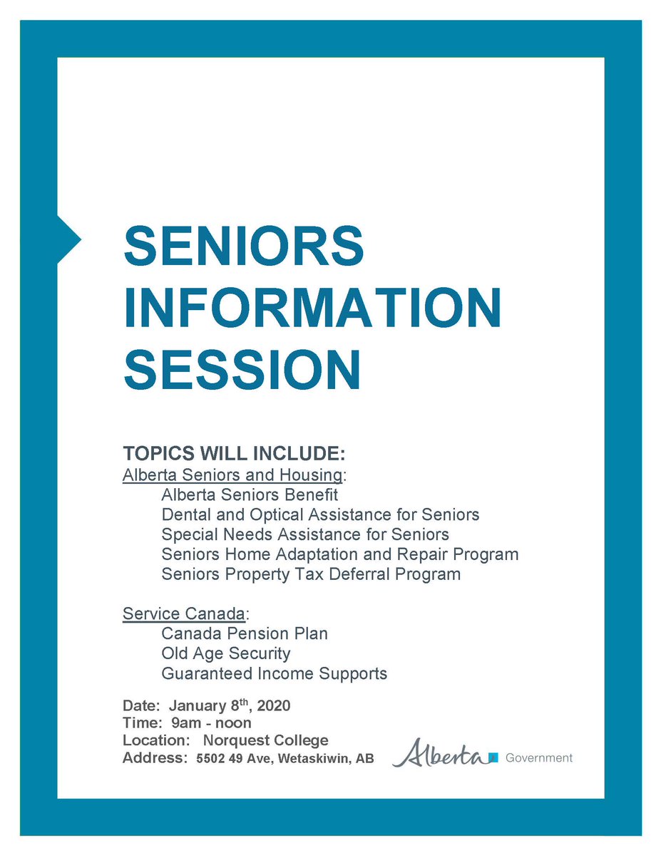 wetaskiwincity's tweet photo. Are you a Senior? Are you interested in getting some information from Alberta Seniors &amp; Housing, and Service Canada? Come to NorQuest College on Jan. 8, 2020 from 9 AM to 12 Noon to get it! https://t.co/6Jxdp4hDr3