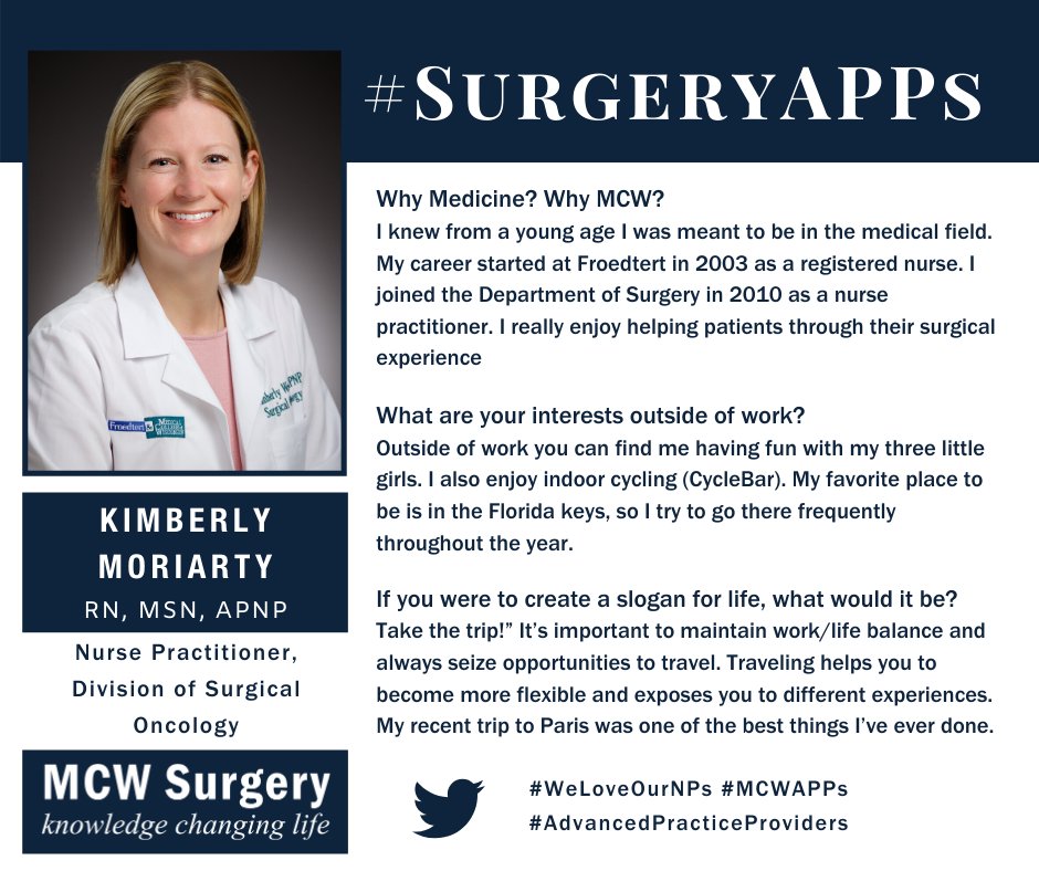 MCWSurgery's tweet photo. We're starting #SurgeryAPP off with Kim Moriarty from @mcwsurgonc! Kim is a nurse practitioner who joined our department in 2010. She's an avid traveler and cycler! #MCWAPPs #WeLoveOurNPs
#LeadingTheWay https://t.co/0stQdPnn6F