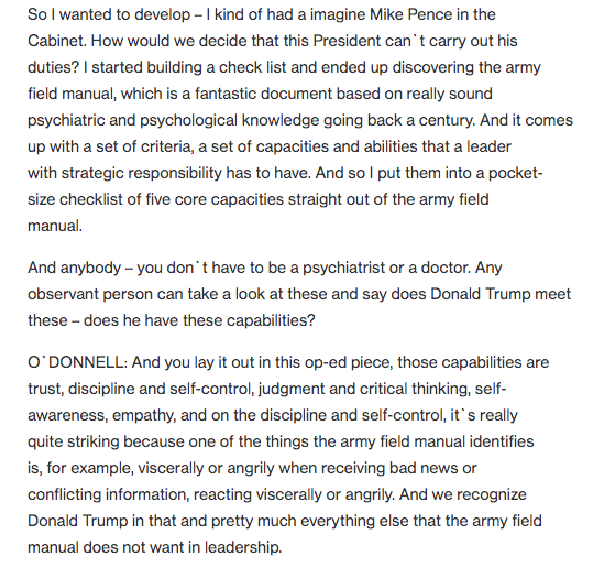 I was thinking of the segment on  @lawrence's show where a psychiatrist consulted a military field manual to try to think about leadership qualities and where Trump falls short. If he were a lower ranking officer, would his behavior get him pulled from command?