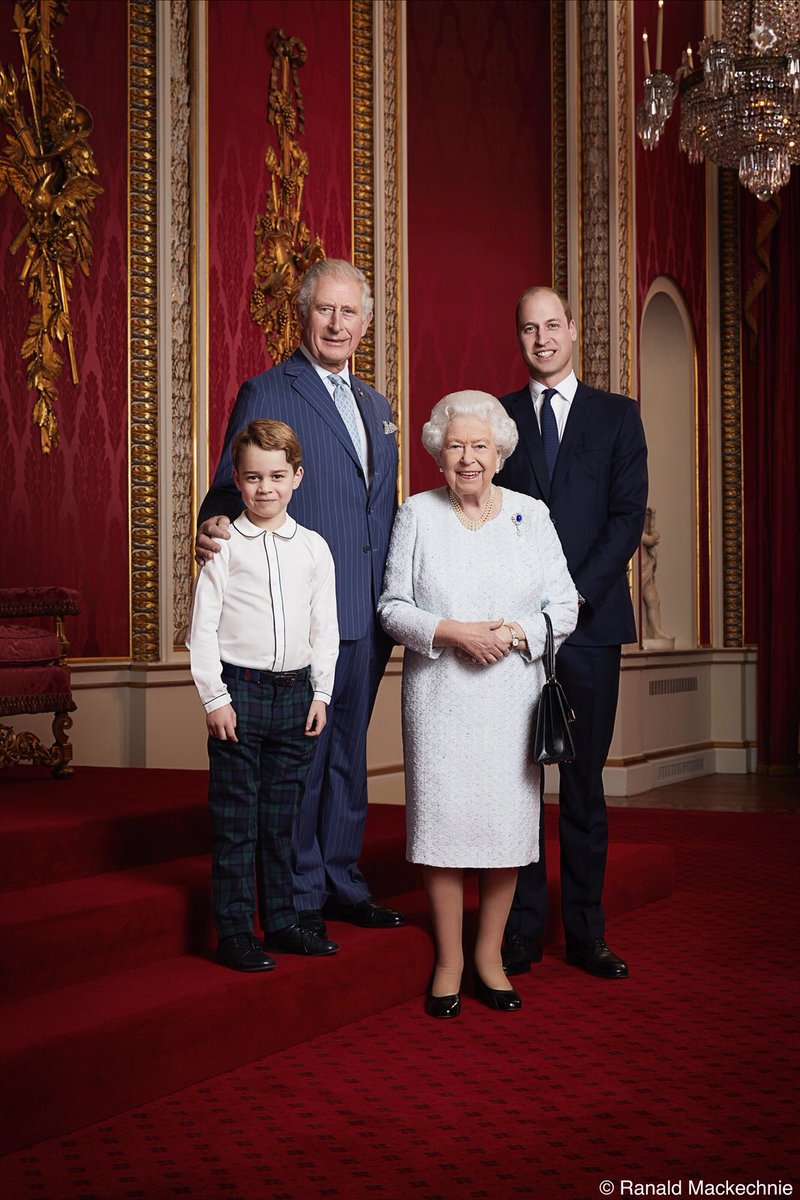 ClarenceHouse's tweet image. To mark the start of a new decade, a new portrait of The Queen, The Prince of Wales, The Duke of Cambridge and Prince George has been released.

The portrait was taken by Ranald Mackechnie in the Throne Room at Buckingham Palace. 📸