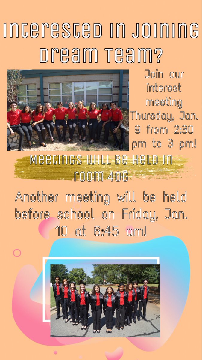 ButlerHSDT's tweet image. Dream Team interest meetings in room 406 on Thursday, Jan. 9 from 2:30 pm to 3 pm and on Friday, Jan. 10 at 6:30 am! We look forward to seeing you there!