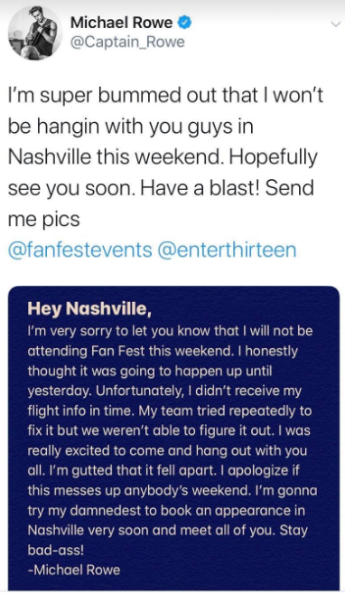 Tha_Mist's tweet photo. ::::: ATTENTION ::::
Aaaaaaand here comes the CANCELLATIONS!
@Captain_Rowe HAS CANCELLED FOR #FANFESTNASHVILLE. HIS RESPONSE IS BELOW!!!
#fanfest #fanfestnashville #walkerstalkercon #wsc #ffnashville #fanfestevents https://t.co/DLeDNntFKk