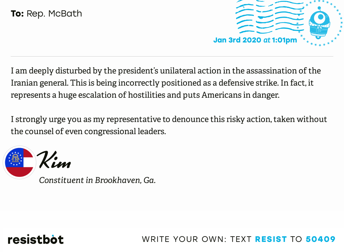 openletterbot's tweet photo. I just delivered this letter from Kim in Brookhaven, Ga. to @lucymcbath #GA06 #GApol #NoWarWithIran https://t.co/cJ3Kb2k790