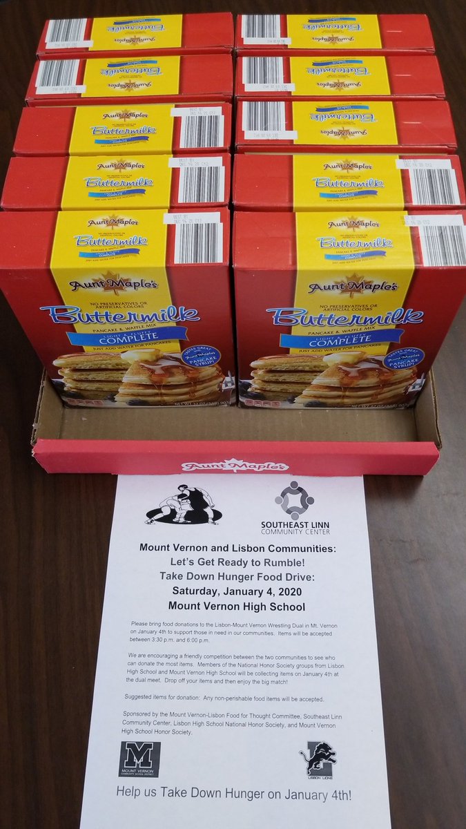 MV_Counselor's tweet photo. Take Down Hunger Food Drive tomorrow starting at 3:30! Please bring any non-perishable food item to the wrestling meet vs Lisbon! @nhs_mv https://t.co/AbSEU7kNsq