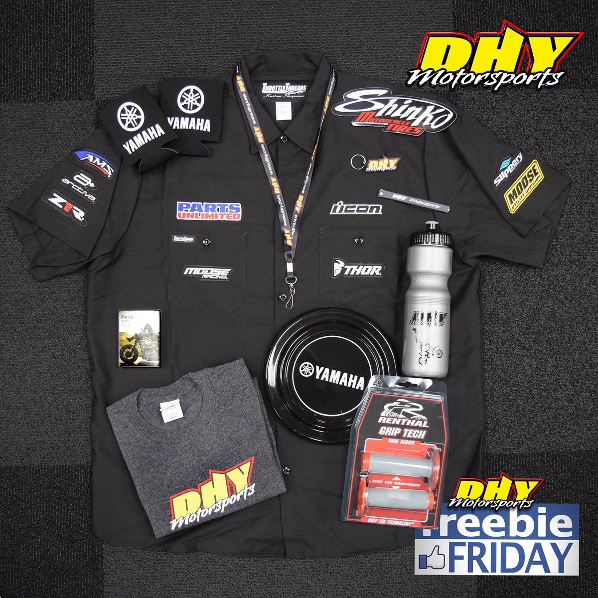 It may not seem like it, but today is #FreebieFriday! This week we're featuring this #PartsUnlimited work shirt, #Yamaha koozies and frizbie, #Renthal grips, #Progressive cards, and the #DHYMotorsports #Swagbag! Each click, comment, and share gets your an entry. Get clicking!