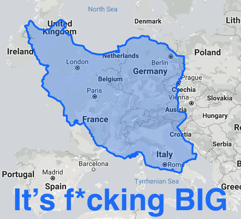 OSPyoutube's tweet photo. Quick fun facts about Iran:

-Population is 80M, is the size of Germany
-It's the size of Western Europe, and bordered by 3 mountain ranges
-Its geography and climate make the entire country a fortress

Throughout all of history, war in Iran has always been A TERRIBLE IDEA.
-B https://t.co/4vnq3OnHhZ