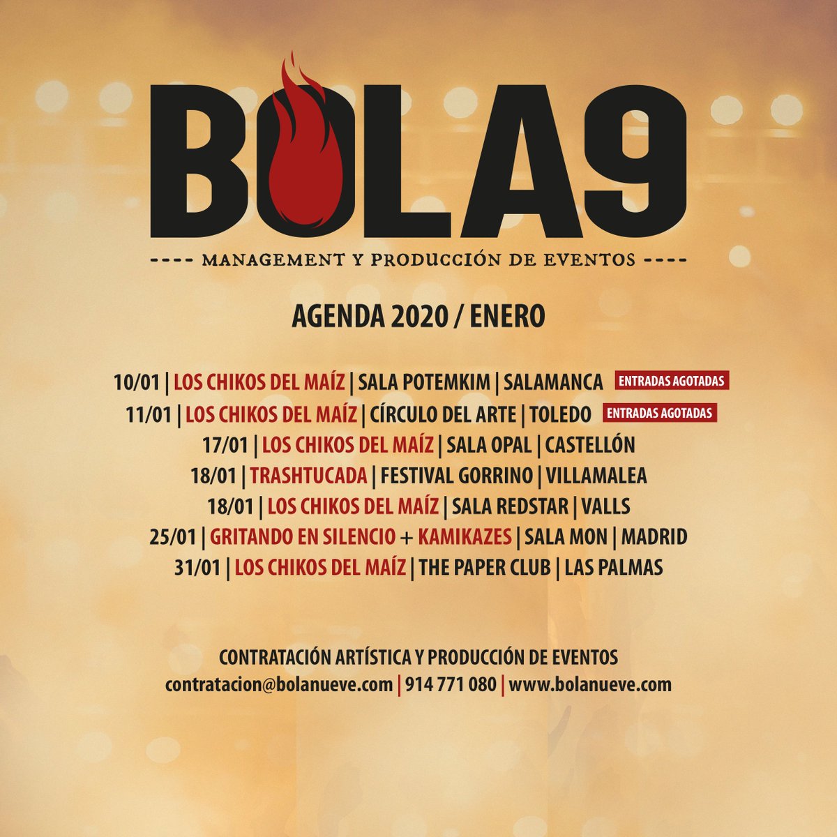 ⚡ ¡ENERO! ⚡ <a href="/chikosdelmaiz/">Los Chikos del Maíz ⚒️</a> pasarán por Salamanca y Toledo con entradas agotadas; pero podéis apuntaros en Castellón, Valls o Las Palmas. <a href="/Trashtucada/">Trashtucada</a> arrancarán el año en Villamalea junto a <a href="/Limando_Oficial/">LIMANDO</a>... ¡y nos veremos en Madrid con <a href="/Kamikazes_KK/">KAMIKAZES</a>  y <a href="/Los_Gritando/">Gritando en Silencio</a>!