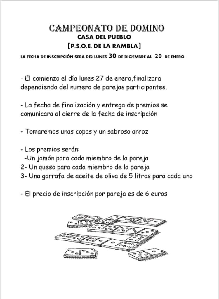 Campeonato de Domino en La Casa Del Pueblo, P.S.O.E. De La Rambla. 
Más info: ⬇️⬇️