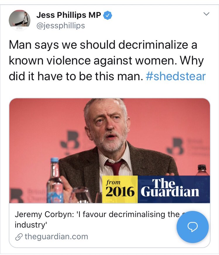 When Jeremy Corbyn spoke for decriminalisation of sex work, Jess Phillips tweeted this.