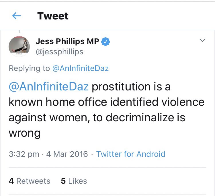 During this debate, Phillips interrupted Victoria Atkins to tell her to use the term ‘prostitutes’ instead of ‘sex workers’, the term people in the sex industry have asked to the used.