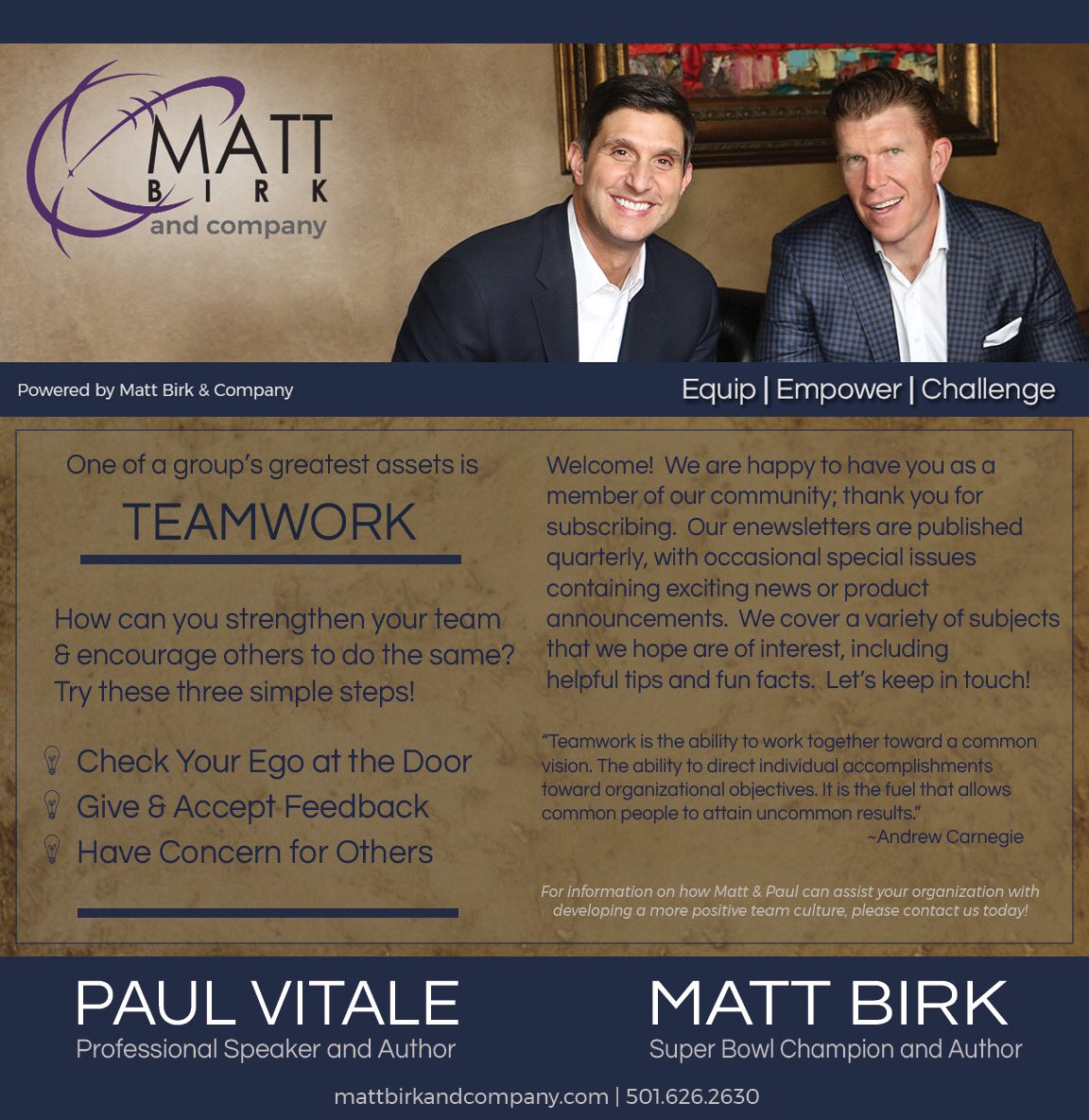 PVitaleSpeaks's tweet photo. .⁦@BirkMatt⁩ and I stand ready to help galvanize your team culture in 2020. Let’s work together to make this one of our best years yet! #Equip #Empower #Challenge https://t.co/MQR3CbIwPM