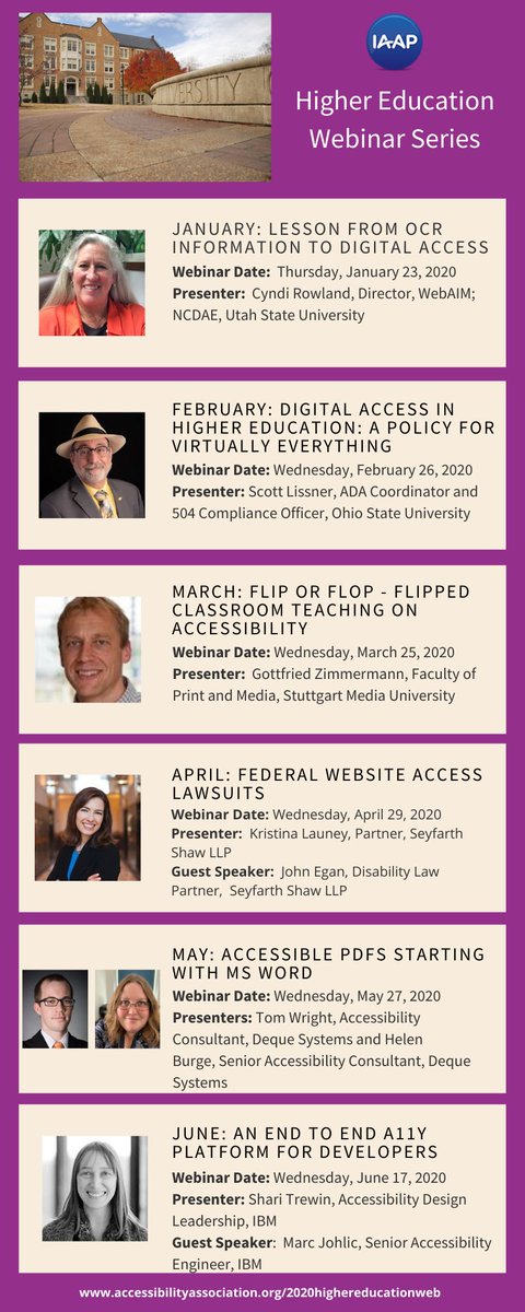 Infographic with headshots, titles, and dates of all 6 webinars in the 2020 IAAP Higher Education Webinar Series.  All information can be found at: http://bit.ly/2020HEWeb, link in post text above image.
