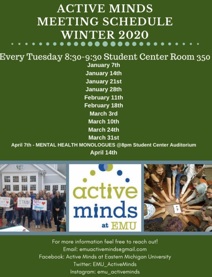 EMU_ActiveMinds's tweet image. We hope you’ve all been having a restful break! Our first meeting of the winter semester is January 7th. Can’t wait to see you all there!