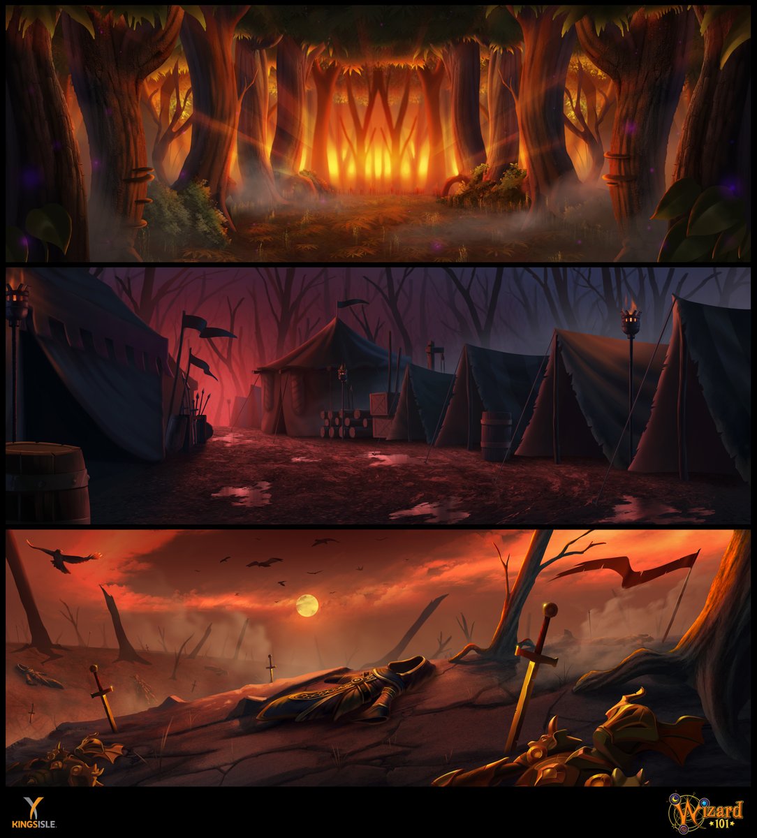AdamRoush2's tweet photo. A trio of illustrations from the Catacombs. These are backdrops during some npc speeches detailing a war between the druids and the dragonspyre peeps. @Wizard101 @KingsIsle #wizard101 #wizardcityunderground #dragonspyre #war #videogameart #illustration #art #w101catacombs https://t.co/AlGchJg4ep