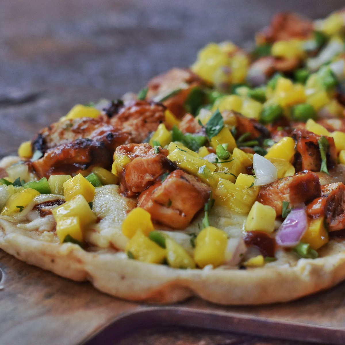 BBQ Mango Chicken Flatbread: Grilled Chicken Breast | Mango Salsa | Buf BBQ sauce | Chihuahua Cheese
