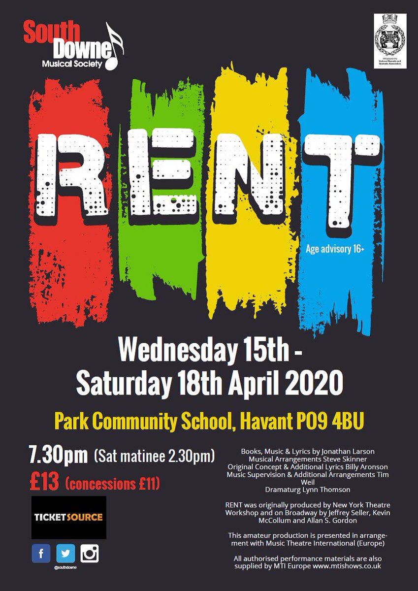 Hello followers - HAPPY NEW YEAR 2020! We have three shows this year at different venues due to the refurbishment of Ferneham Hall, Fareham.  Next show is RENT at the Park Community School, Havant. Then see sdms.org.uk for more details
