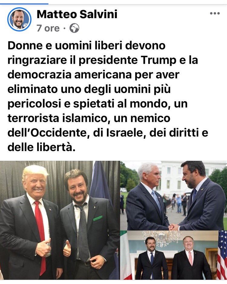 E questo sarebbe uno che vuole la sovranità dell'Italia? Ecco il commento di #Salvini all' assassinio di #Soleimani che viene definito "terrorista islamico" (sic!). Cari 'patrioti' regalategli un guinzaglio, anzi un guinzaglino...